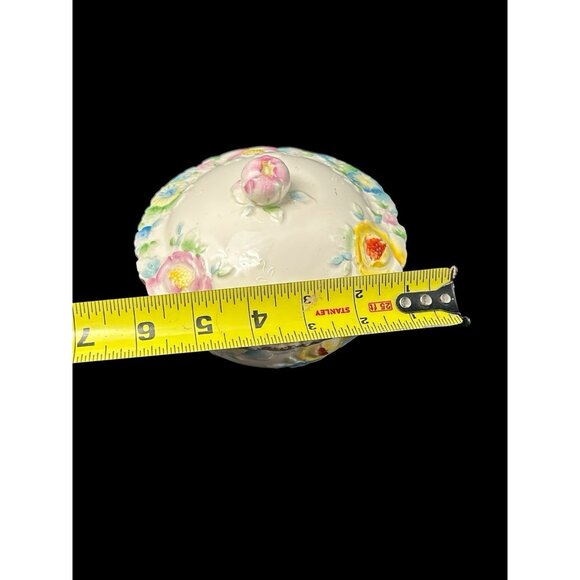 Vintage Japanese Hand Painted Raised Floral Lidded Powder Dresser Jar Ceramic 5" - Picture 8 of 10